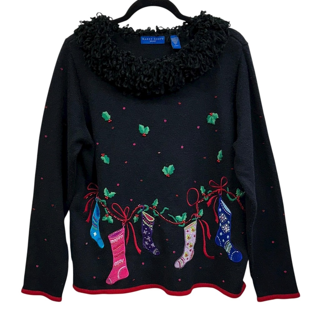 Karen Scott Sport Sweater Womens Large Ugly Christmas Stockings Embroidered